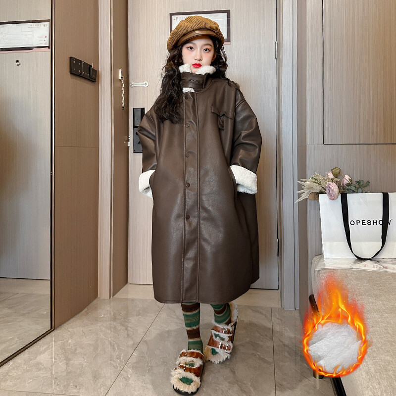 Tüdrukute nahast pikad mantlid talvefliis paks soe keskmise pikkusega teismeliste laste ülerõivad mood vabaaja PU-jakk lastele