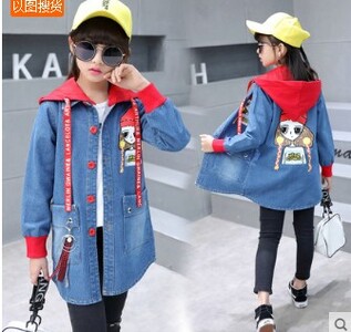 Uus tüdrukute multikas vabaaja teksajakk Tuulejope Kauboi kevadsügis, pikad tuuleriided, laste kapuutsiga Trench-mantel top B174