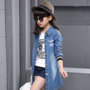 New Girls Cartoon Casual Denim Jacket Windbreaker Cowboy Άνοιξη Φθινόπωρο Παιδικά Μακριά Ανεμοδαρμένα Παιδικά Καμπαρντίνα με κουκούλα Top B174