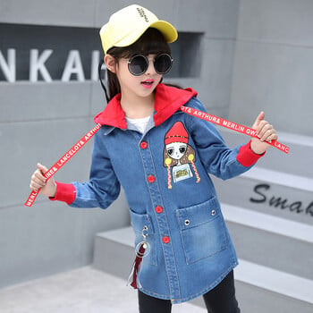 New Girls Cartoon Casual Denim Jacket Windbreaker Cowboy Άνοιξη Φθινόπωρο Παιδικά Μακριά Ανεμοδαρμένα Παιδικά Καμπαρντίνα με κουκούλα Top B174