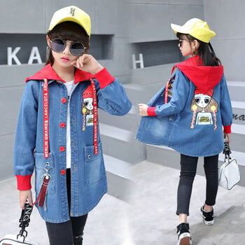 New Girls Cartoon Casual Denim Jacket Windbreaker Cowboy Άνοιξη Φθινόπωρο Παιδικά Μακριά Ανεμοδαρμένα Παιδικά Καμπαρντίνα με κουκούλα Top B174