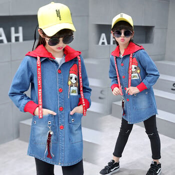 New Girls Cartoon Casual Denim Jacket Windbreaker Cowboy Άνοιξη Φθινόπωρο Παιδικά Μακριά Ανεμοδαρμένα Παιδικά Καμπαρντίνα με κουκούλα Top B174