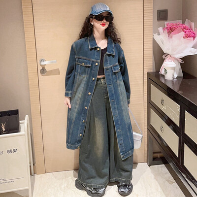 Εφηβικό τζιν καμπαρντίνα για φθινοπωρινό ρετρό στυλ Χαλαρό, μπλε μακρύ παιδικό πανωφόρι Ρούχα Παιδικά εξωτερικά ενδύματα 12 13 14 ετών