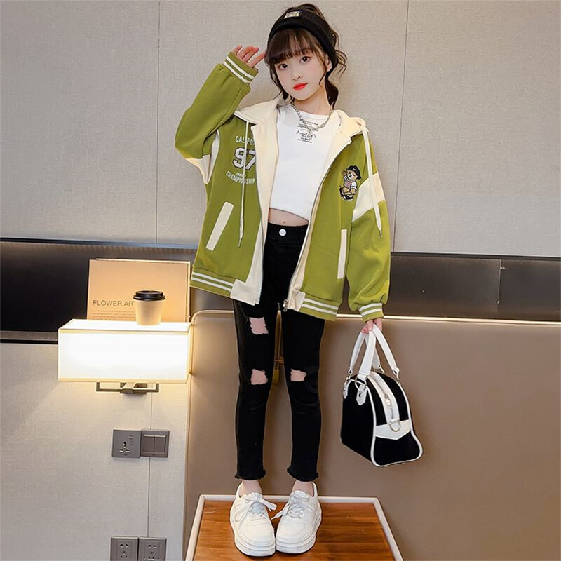 Нов пролетен и есенен момичешки сладък свободен суитшърт с пълен цип, яке с усмивка, ученически детски анцуг, суитчър с качулка, детско работно яке