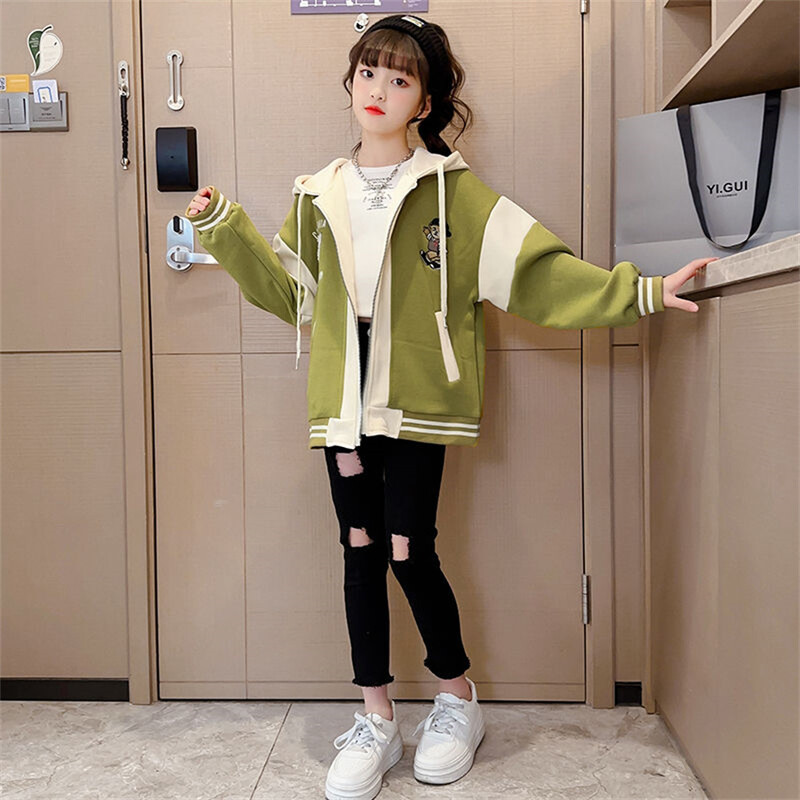 Нов пролетен и есенен момичешки сладък свободен суитшърт с пълен цип, яке с усмивка, ученически детски анцуг, суитчър с качулка, детско работно яке