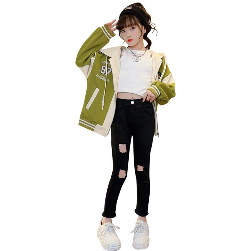 Нов пролетен и есенен момичешки сладък свободен суитшърт с пълен цип, яке с усмивка, ученически детски анцуг, суитчър с качулка, детско работно яке