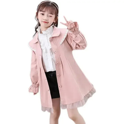 Palton pentru fete la modă drăguț lung kaki roz tunică trench jachetă 2023 nou primăvară toamnă versiune coreeană jachetă pentru copii