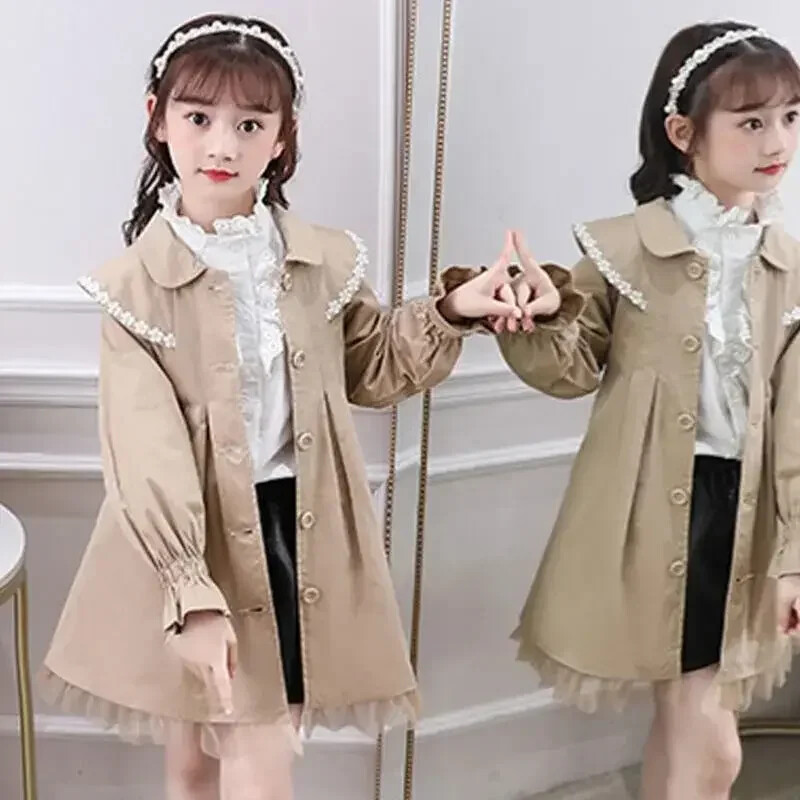 Palton pentru fete la modă drăguț lung kaki roz tunică trench jachetă 2023 nou primăvară toamnă versiune coreeană jachetă pentru copii