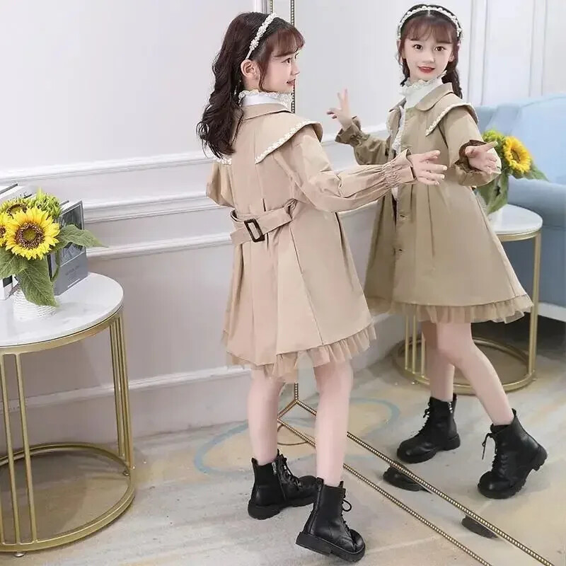 Palton pentru fete la modă drăguț lung kaki roz tunică trench jachetă 2023 nou primăvară toamnă versiune coreeană jachetă pentru copii