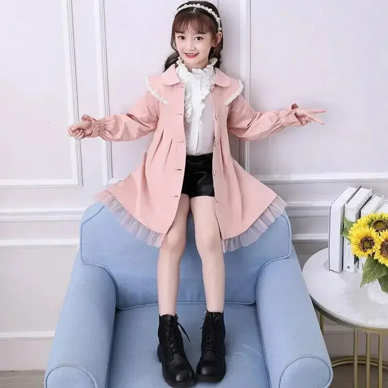 Palton pentru fete la modă drăguț lung kaki roz tunică trench jachetă 2023 nou primăvară toamnă versiune coreeană jachetă pentru copii