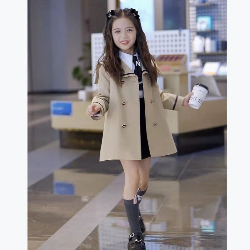 Dječji kaput s tamnoplavim ovratnikom za djevojčice, kaki, nova jesensko-zimska modna visokokvalitetna tinejdžerska duga vjetrovka s dvostrukim kopčanjem