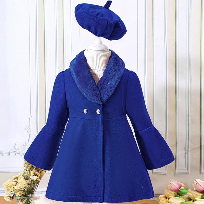 Uued lasteriided väikesele ja keskmisele tüdrukule talvestiilis ühevärvilised lapitehnikas karusnahast kraega villane soe mantel jope