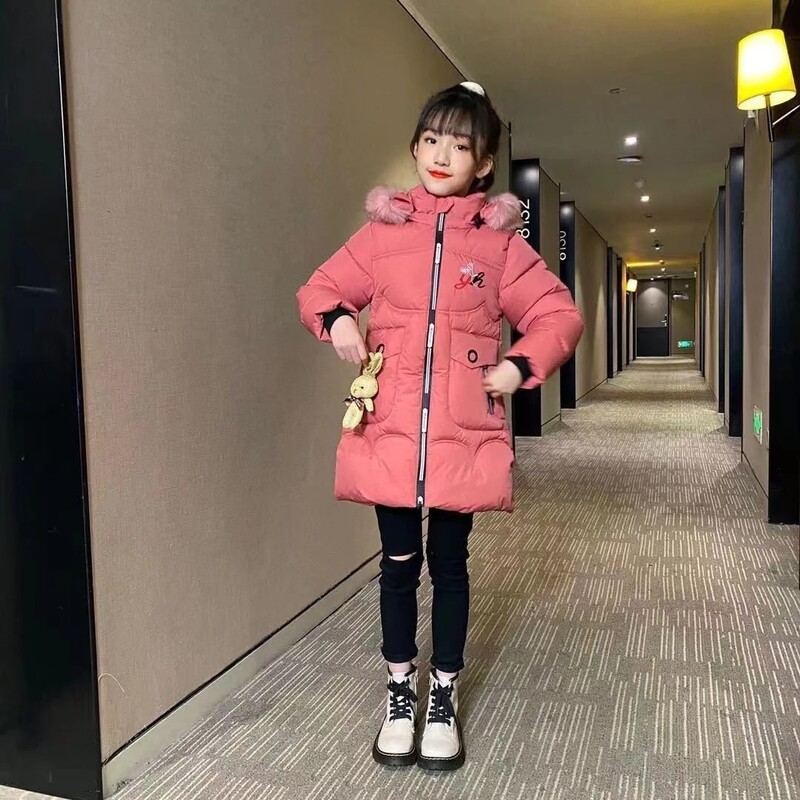 2024. aasta uus talvine teismeliste pika stiiliga tüdrukute jope, mis hoiab soojas kapuutsiga tuulejakk tüdrukutele, karusnahast krae, laste ülerõivad