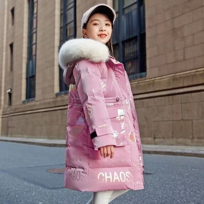 Talvine laste puuvillane polsterdatud mantel ühevärviline keskmise pikkusega sulejope Tüdrukutele paksem soe Laste karusnaha kapuutsiga parkeriided