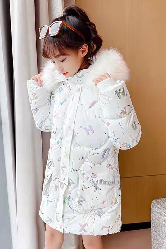 Talvine laste puuvillane polsterdatud mantel ühevärviline keskmise pikkusega sulejope Tüdrukutele paksem soe Laste karusnaha kapuutsiga parkeriided