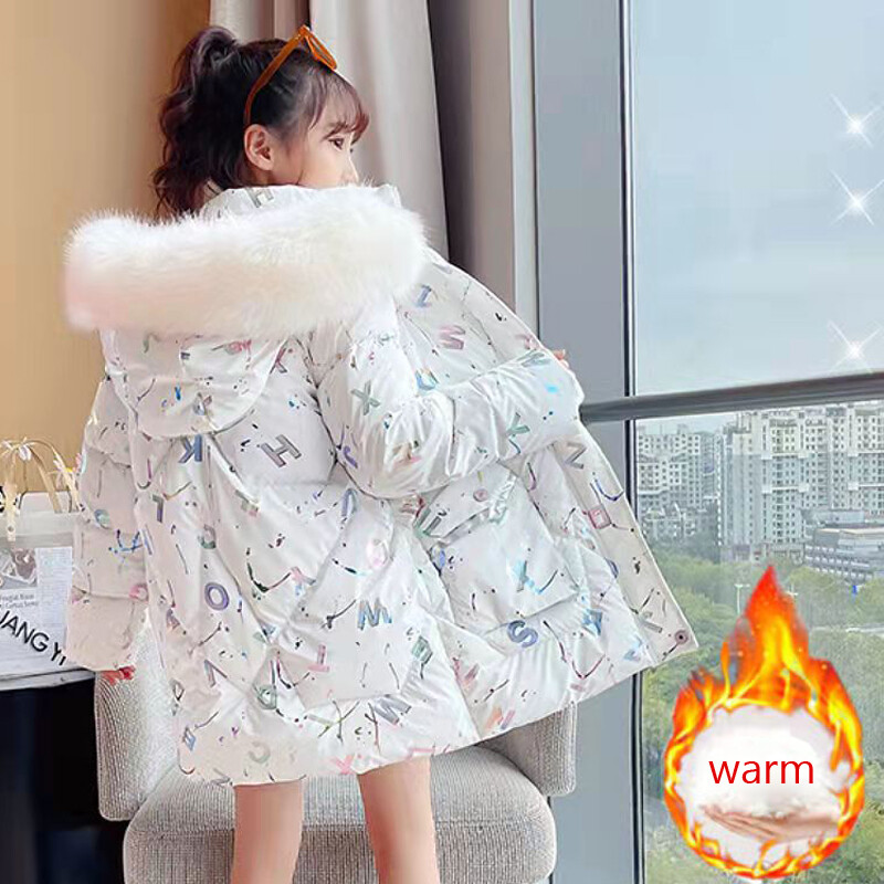 Talvine laste puuvillane polsterdatud mantel ühevärviline keskmise pikkusega sulejope Tüdrukutele paksem soe Laste karusnaha kapuutsiga parkeriided