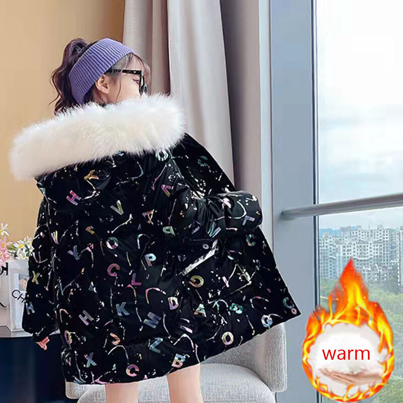 Talvine laste puuvillane polsterdatud mantel ühevärviline keskmise pikkusega sulejope Tüdrukutele paksem soe Laste karusnaha kapuutsiga parkeriided