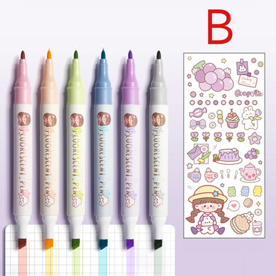 6 buc. Evidențiatoare pastel, stilou fluorescent, papetărie școlară, rechizite de birou Kawaiii, marker, pixuri, markere colorate, pixuri drăguțe pentru desen