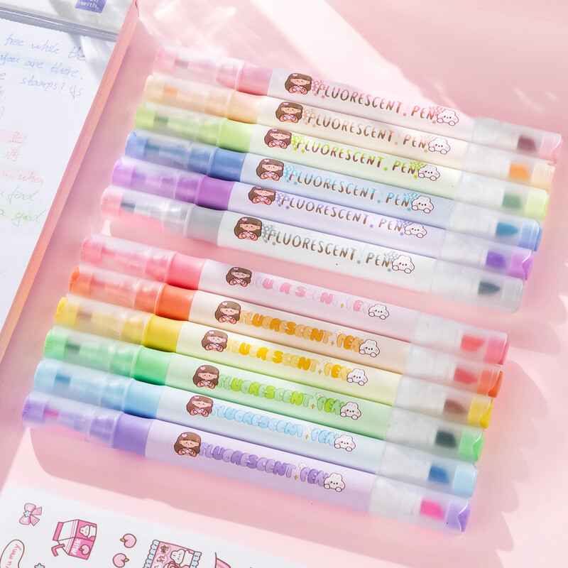 6 buc. Evidențiatoare pastel, stilou fluorescent, papetărie școlară, rechizite de birou Kawaiii, marker, pixuri, markere colorate, pixuri drăguțe pentru desen