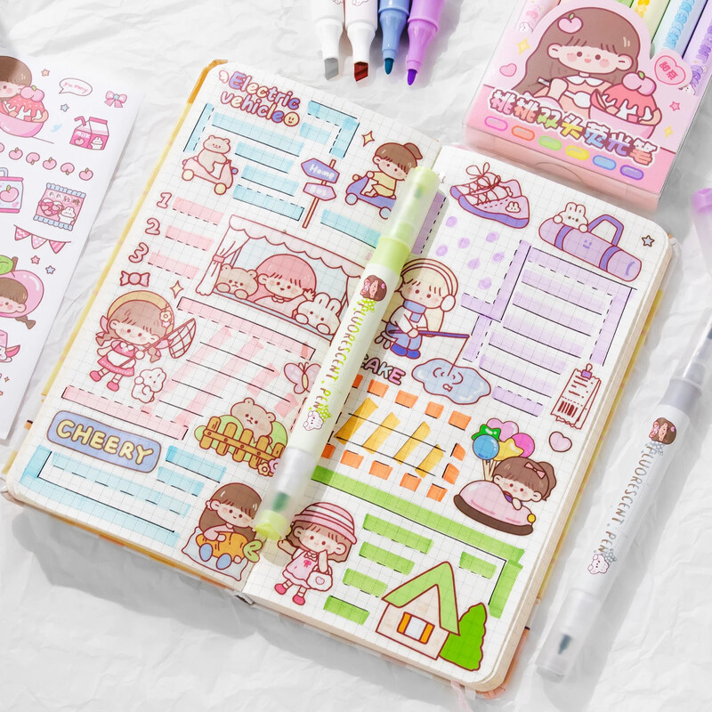 6 buc. Evidențiatoare pastel, stilou fluorescent, papetărie școlară, rechizite de birou Kawaiii, marker, pixuri, markere colorate, pixuri drăguțe pentru desen