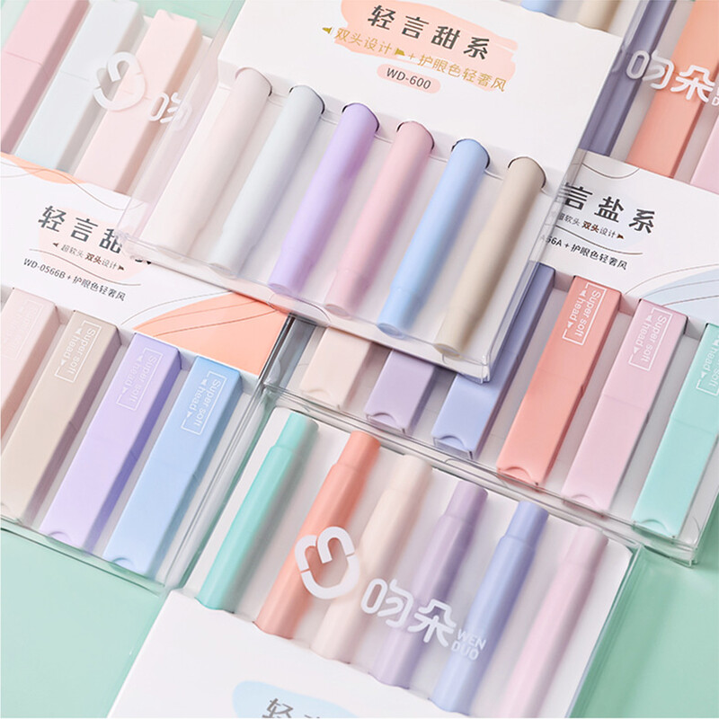 6 bucăți/set evidențiere stilou cu vârfuri duble, culoare pastel, kawaii, papetărie școlară, schiță, marker graffiti pentru rechizite de birou pentru studenți