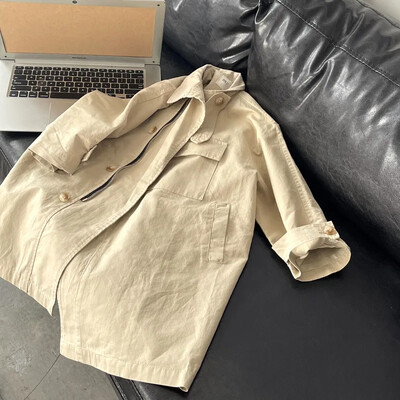 Ветровка за момичета Корейско есенно детско облекло Палто Корейско палто със средна дължина, яка с джоб с копчета