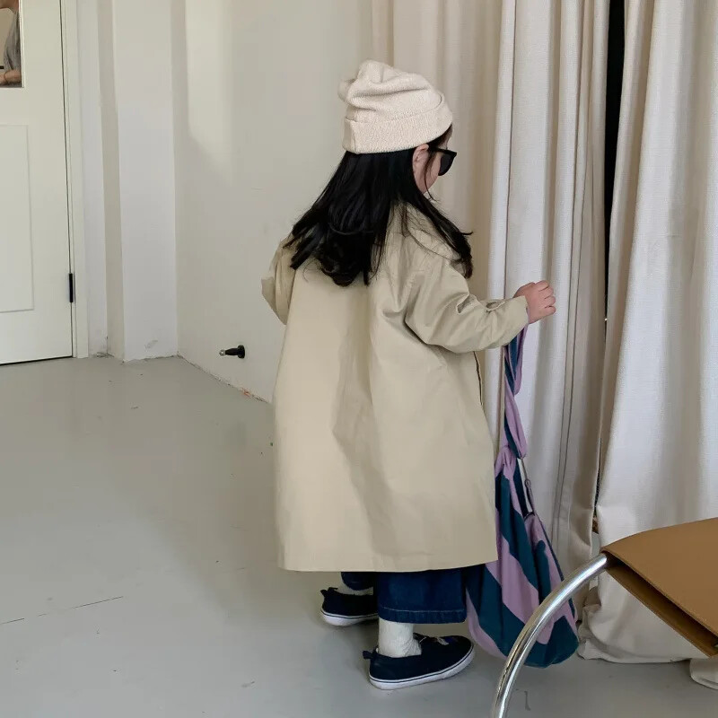 Ветровка за момичета Корейско есенно детско облекло Палто Корейско палто със средна дължина, яка с джоб с копчета