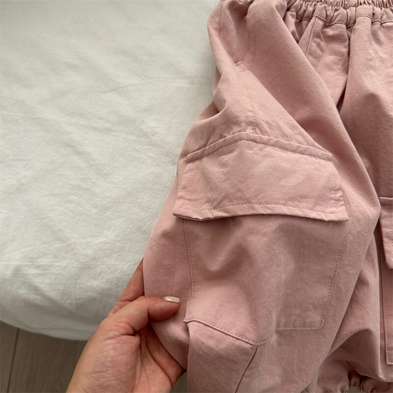 7374 Lastepüksid, Sügis 2023 Uus mood Tooling Tasku Poiste püksid Ühevärvilised vabaaja tüdrukute puuvillased püksid püksid