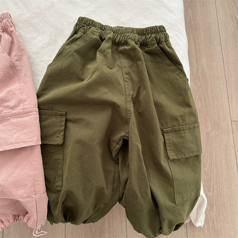 7374 Lastepüksid, Sügis 2023 Uus mood Tooling Tasku Poiste püksid Ühevärvilised vabaaja tüdrukute puuvillased püksid püksid