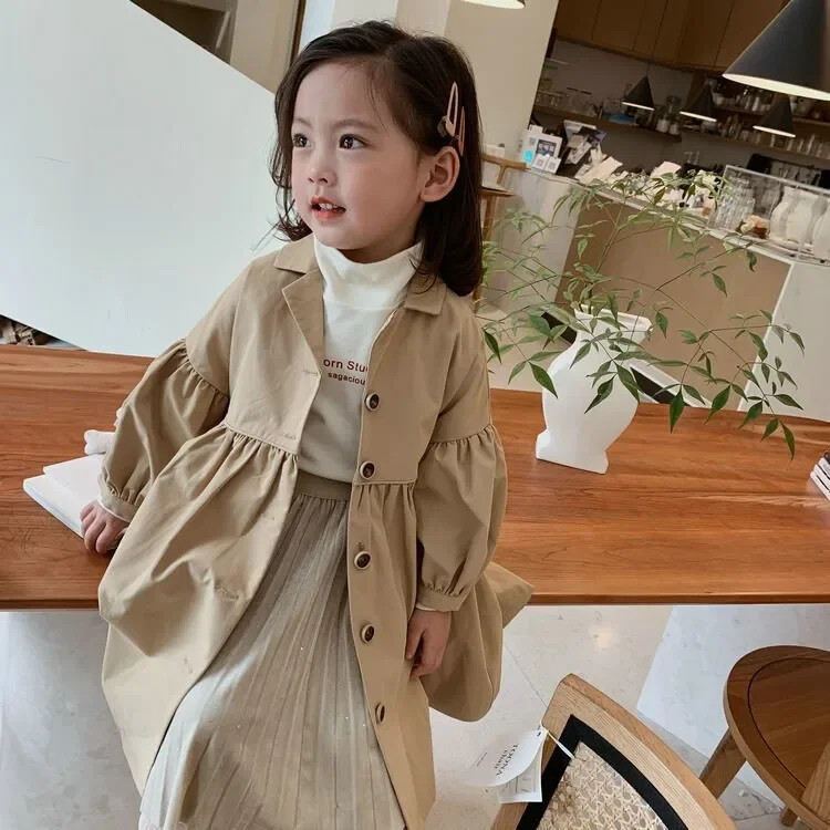 Uued sügistalvised tüdrukute mantlid Khaki värvi üherealised kaevikud koos eemaldatavate vöörihmadega, laste välisrõivad