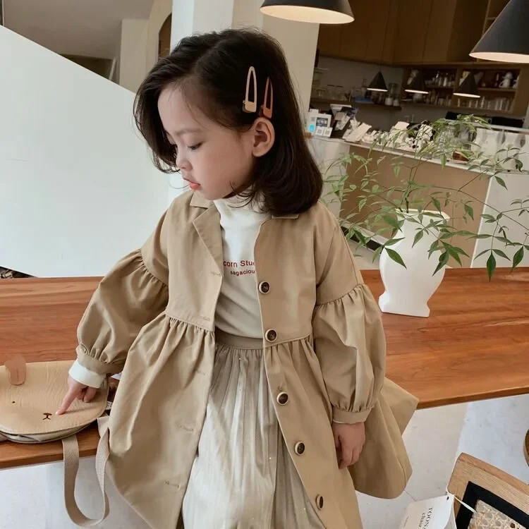 Uued sügistalvised tüdrukute mantlid Khaki värvi üherealised kaevikud koos eemaldatavate vöörihmadega, laste välisrõivad