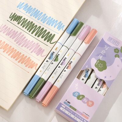 4tk/komplekt Graffiti värviline pliiats Lihtne kahepealine ülipehme pintsliga värvimispliiats Creative Student Supplies Pintsli pliiats kirjatarbed