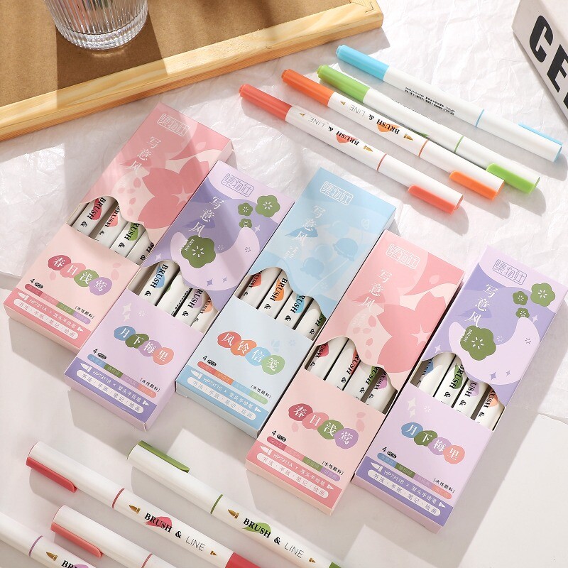 4tk/komplekt Graffiti värviline pliiats Lihtne kahepealine ülipehme pintsliga värvimispliiats Creative Student Supplies Pintsli pliiats kirjatarbed