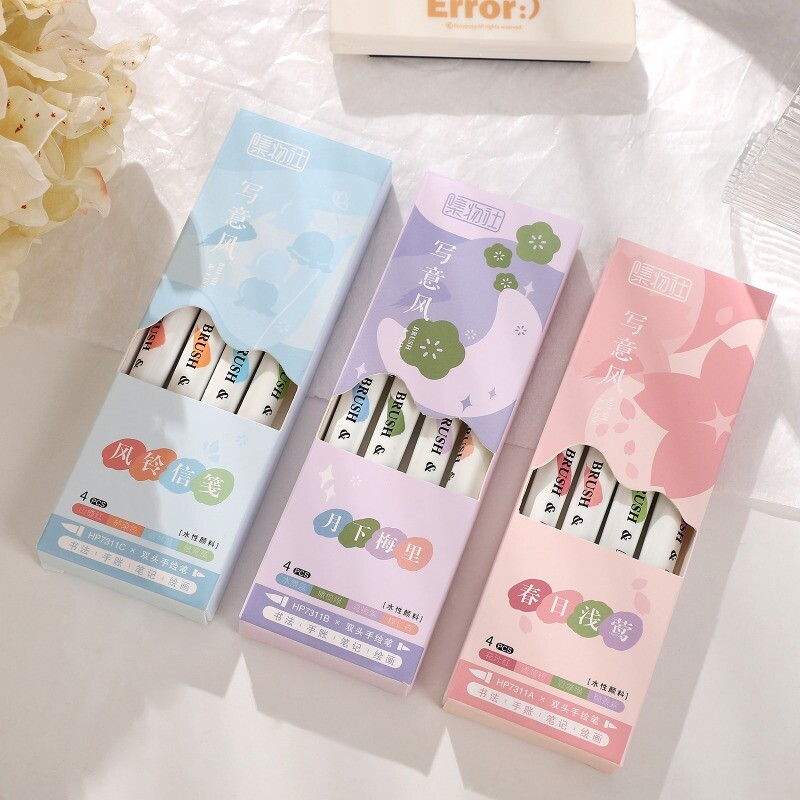 4tk/komplekt Graffiti värviline pliiats Lihtne kahepealine ülipehme pintsliga värvimispliiats Creative Student Supplies Pintsli pliiats kirjatarbed