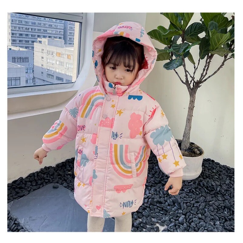 Jachete de puf de iarnă în stil lung, băieți, fete, haine din bumbac, de toamnă, cu glugă, îmbrăcăminte exterioară pentru 2-7 ani, haine pentru copii