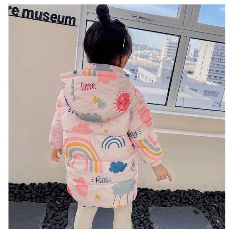 Jachete de puf de iarnă în stil lung, băieți, fete, haine din bumbac, de toamnă, cu glugă, îmbrăcăminte exterioară pentru 2-7 ani, haine pentru copii