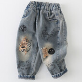 Ανοιξιάτικο παιδικό γκράφιτι τζιν για αγόρια τύπωμα αθλητικό παντελόνι 2+y Μικρά παιδικά ρούχα Φθινοπωρινό casual ελαστικό τζιν παντελόνι μέσης Νέο