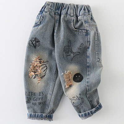 Ανοιξιάτικο παιδικό γκράφιτι τζιν για αγόρια τύπωμα αθλητικό παντελόνι 2+y Μικρά παιδικά ρούχα Φθινοπωρινό casual ελαστικό τζιν παντελόνι μέσης Νέο