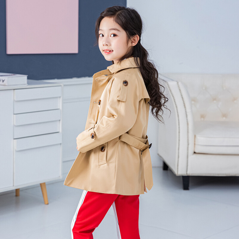 Trenci pentru fată, jachetă de primăvară toamnă 2023, noua modă, guler întors, curea dublu piept, haine solide pentru copii, îmbrăcăminte exterioară