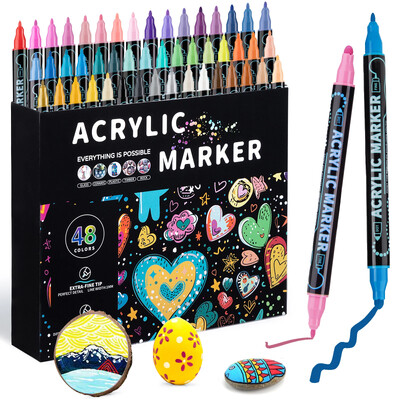 12-48 цвята Акрилни маркери с двойна глава Набор от химикалки Art for Painting Kid Chirlds Waterproof Student Scholl Supplies Канцеларски материали