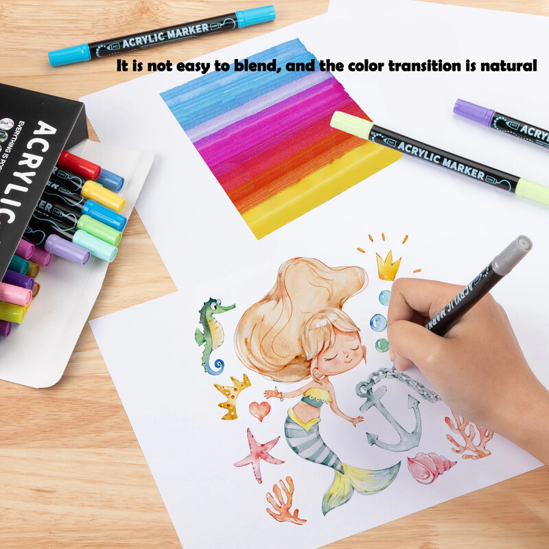 12-48 цвята Акрилни маркери с двойна глава Набор от химикалки Art for Painting Kid Chirlds Waterproof Student Scholl Supplies Канцеларски материали