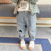 Детски скъсани дънки Пролет и есен Детски дрехи Нови дънки за момчета Корейски ежедневни момичета Бебешки дълги панталони