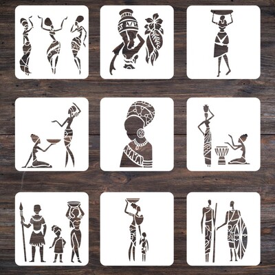 9 buc/lot 20 cm Totem triburi africane Șabloane de straturi DIY Pictură murală Album de însemnări de colorat Șablon decorativ pentru album în relief