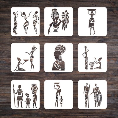 9 buc/lot 20 cm Totem triburi africane Șabloane de straturi DIY Pictură murală Album de însemnări de colorat Șablon decorativ pentru album în relief