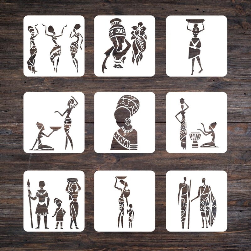 9 buc/lot 20 cm Totem triburi africane Șabloane de straturi DIY Pictură murală Album de însemnări de colorat Șablon decorativ pentru album în relief