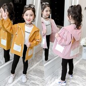 Ofertă specială Trenci casual pentru fete, primăvară, toamnă, îmbrăcăminte de vânt lungă pentru copii, îmbrăcăminte exterioară pentru copii, jachetă cu glugă pardesiu B262