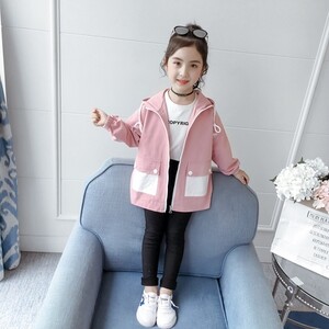 Ofertă specială Trenci casual pentru fete, primăvară, toamnă, îmbrăcăminte de vânt lungă pentru copii, îmbrăcăminte exterioară pentru copii, jachetă cu glugă pardesiu B262