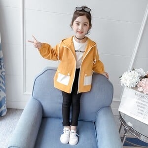 Ofertă specială Trenci casual pentru fete, primăvară, toamnă, îmbrăcăminte de vânt lungă pentru copii, îmbrăcăminte exterioară pentru copii, jachetă cu glugă pardesiu B262