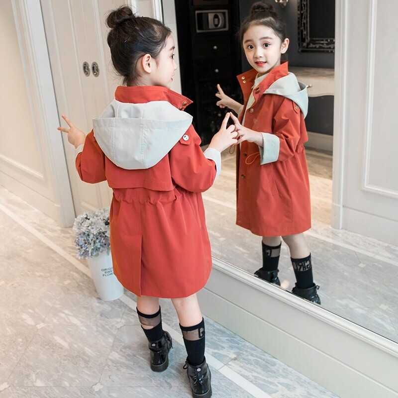 Ofertă specială Trenci casual pentru fete, primăvară, toamnă, îmbrăcăminte de vânt lungă pentru copii, îmbrăcăminte exterioară pentru copii, jachetă cu glugă pardesiu B262