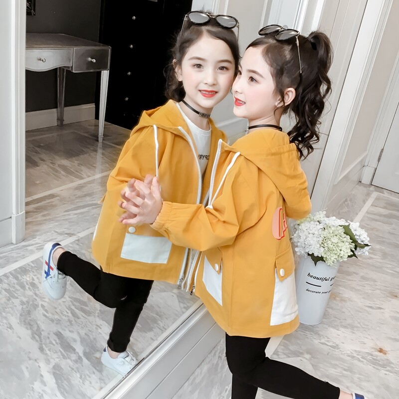 Ofertă specială Trenci casual pentru fete, primăvară, toamnă, îmbrăcăminte de vânt lungă pentru copii, îmbrăcăminte exterioară pentru copii, jachetă cu glugă pardesiu B262